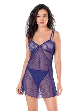 Ahu Lingerie Lacivert Kısa Tül Transparan Gecelik Ahu Primoda 4114