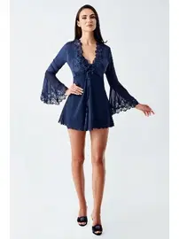 İmaj Lacivert Mini Saten Transparan Dantelli Fantazi Gecelik Takım İmaj 4210