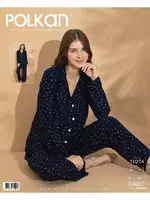 Lacivert Önden Düğmeli Yıldız Desen Uzun Kollu Süet Pijama Takım Polkan 11074 Lacivert