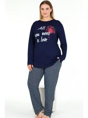 Lady Lacivert Pijama Uzun Kollu Büyük Beden Lady Pijama Takımı 11396