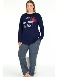 Lady Lacivert Pijama Uzun Kollu Büyük Beden Lady Pijama Takımı 11396