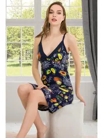 Lady Lacivert Renkli Meyve Desenli Gecelik Pamuklu Lady 6171