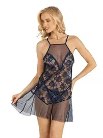 Ahu Lingerie Lacivert Tül Gecelik Ahu Primoda 4227