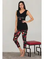 Lady Kadın Siyah Çiçekli Pijama Takımı 12023 Siyah detay görünüm