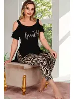 Leopar Desenli Kapri Omuzları Açık Kısa Kollu Pijama Takımı Lady 12021 detay görünüm