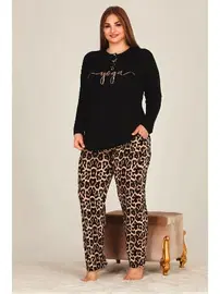 Lady Leopar Desenli Uzun Kollu Büyük Beden Viskon Pijama Takımı Lady 11326