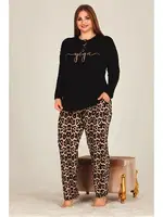 Leopar Desenli Uzun Kollu Büyük Beden Viskon Pijama Takımı Lady 11326 Siyah