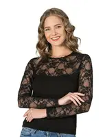 Lez Dantel Viskon Uzun Kollu Esnek Rahat Yuvarlak Yaka Kadın Bluz Özkan 7428  Siyah farklı açı
