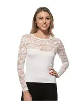 Lez Dantel Viskon Uzun Kollu Esnek Rahat Yuvarlak Yaka Kadın Bluz Özkan 7428  Beyaz