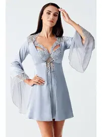 İmaj Mavi 2li Saten Gecelik Takım Tül Dantel Detaylı Transparan İmaj 104