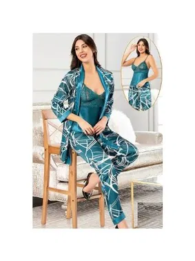 XSES Mavi Dantelli Dijital Desenli Saten Empirme 3Lü Sabahlık Pijama Çeyiz Seti XSES 2151