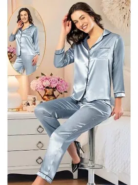 XSES Mavi Gömlek Yaka Saten Önden Düğmeli Kadın Pijama Takımı XSES 2105