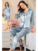 Mavi Gömlek Yaka Saten Önden Düğmeli Kadın Pijama Takımı XSES 2105 Mavi