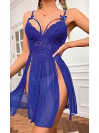 Ruselin Mavi Tül Dekolteli Transparan Fantezi Gecelik Ruselin 2106