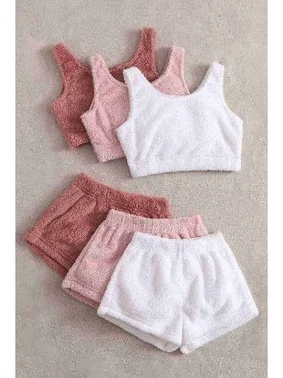 Merry See Merry See 3 Lü Set Kolsuz Askılı Peluş Polar Alt Üst Şortlu Pijama Takımı Çok Renkli MS 4080 - Alternatif Görünüm