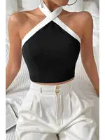 Boyundan Bağlamalı Kısa Crop Bluz Siyah Merry See 3907 Siyah