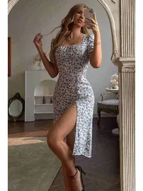 Merry See Çiçek Desenli Yırtmaçlı Diz Altı Elbise Merry See MS2949