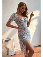 Çiçek Desenli Yırtmaçlı Diz Altı Elbise Merry See MS2949 Çok Renkli farklı açı