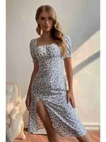 Çiçek Desenli Yırtmaçlı Diz Altı Elbise Merry See MS2949 Çok Renkli görsel 4