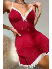 Merry See Dantelli İşleme Etek Büzgülü Penye Gecelik Kırmızı Merry See MS2363