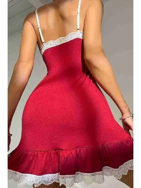 Merry See Dantelli İşleme Etek Büzgülü Penye Gecelik Kırmızı Merry See MS2363 - Alternatif Görünüm