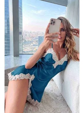 Merry See Süper Mini Dantelli Yırtmaçlı Saten Gecelik Mavi Merry See MS2355