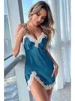 Süper Mini Dantelli Yırtmaçlı Saten Gecelik Mavi Merry See MS2355 Mavi görsel 4