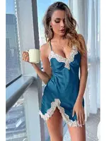 Süper Mini Dantelli Yırtmaçlı Saten Gecelik Mavi Merry See MS2355 Mavi görsel 5