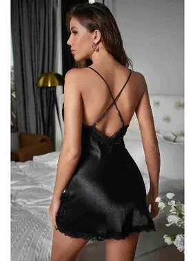 Merry See Çapraz Askılı Dantelli Yırtmaçlı Saten Gecelik Siyah Merry See MS2355 - Alternatif Görünüm