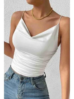 Merry See İnce Askılı Degaje Yaka Kadın Crop Beyaz Merry See 3900