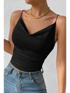 Merry See Kadın Kolsuz Askılı Degaje Yaka Bluz Crop Siyah Merry See 3900