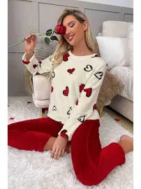 Merry See Kalp Baskılı Peluş Polar Uzun Kollu Kadın Pijama Takımı Merry See 4082