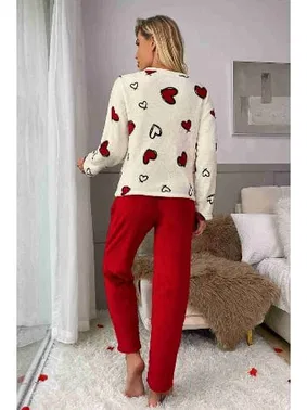 Merry See Kalp Baskılı Peluş Polar Uzun Kollu Kadın Pijama Takımı Merry See 4082 - Alternatif Görünüm