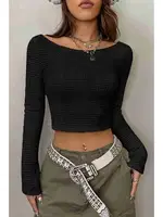 Kayık Yaka Örme Uzun Kollu Crop Top Bluz Merry See MS 3904 - Siyah Siyah