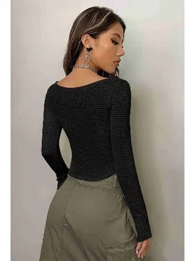 Merry See Kayık Yaka Örme Uzun Kollu Crop Top Bluz Merry See MS 3904 - Siyah - Alternatif Görünüm