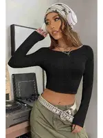 Kayık Yaka Örme Uzun Kollu Crop Top Bluz Merry See MS 3904 - Siyah Siyah görsel 4