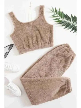 Merry See Askılı Peluş Polar Crop Kadın Pijama Takımı Kahverengi Merry See MS4065