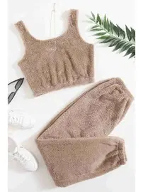 Merry See Askılı Peluş Polar Crop Kadın Pijama Takımı Kahverengi Merry See MS4065