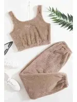 Askılı Peluş Polar Crop Kadın Pijama Takımı Kahverengi Merry See MS4065 Kahverengi