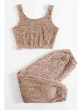 Merry See Askılı Peluş Polar Crop Kadın Pijama Takımı Kahverengi Merry See MS4065 - Alternatif Görünüm