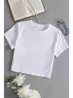 Pamuklu Yumuşak Dokulu Kısa Bisiklet Yaka Crop Beyaz Merry See 3902 Beyaz