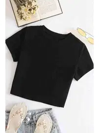 Merry See Kısa Kollu Pamuklu Bisiklet Yaka Kadın Crop Siyah Merry See 3902
