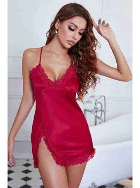 Merry See Mini İnce Askılı Dantelli Yırtmaçlı Saten Gecelik Kırmızı Merry See MS2356