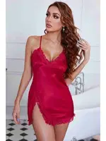 Mini İnce Askılı Dantelli Yırtmaçlı Saten Gecelik Kırmızı Merry See MS2356 Kırmızı farklı açı