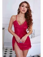 Mini İnce Askılı Dantelli Yırtmaçlı Saten Gecelik Kırmızı Merry See MS2356 Kırmızı görsel 5