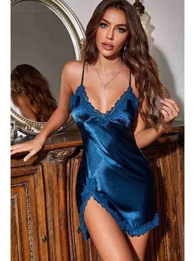 Merry See İnce Askılı Dantelli Yırtmaçlı Saten Gecelik Mavi Merry See MS2356