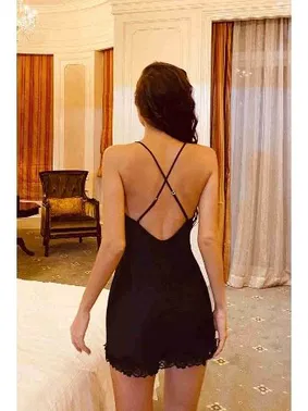 Merry See Dantelli Yırtmaçlı Saten Gecelik Siyah Merry See MS2356 - Alternatif Görünüm