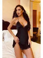 Dantelli Yırtmaçlı Saten Gecelik Siyah Merry See MS2356 Siyah görsel 5