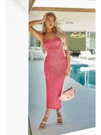 Merry See Sırt Dekolteli Bağlamalı Vücuda Oturan Diz Altı Örme Elbise Pembe Merry See MS 2953