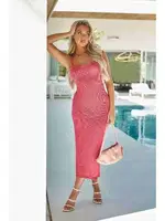 Sırt Dekolteli Bağlamalı Vücuda Oturan Diz Altı Örme Elbise Pembe Merry See MS 2953 Pembe